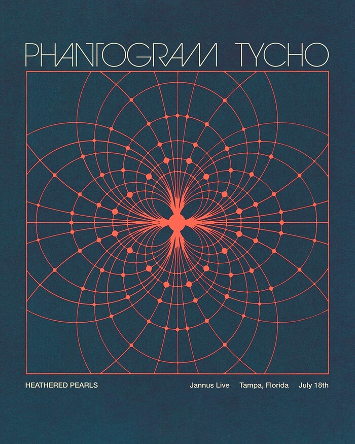 Poster for Tycho’s Phantogram 2017 tour, featuring ITC Avant Garde Gothic Extra Light (PHANTOGRAM TYCHO), and Neue Helvetica Medium.