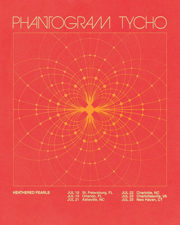 Poster for Tycho’s Phantogram 2017 tour, featuring ITC Avant Garde Gothic Extra Light (PHANTOGRAM TYCHO), and Neue Helvetica Medium.