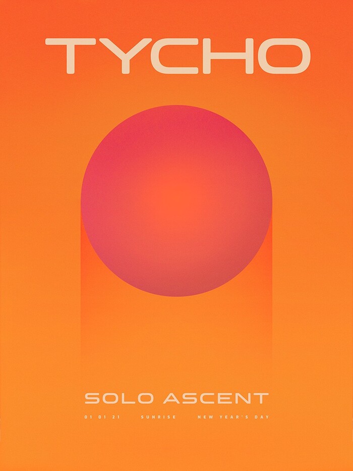 Poster for the 2021 New Year’s day Solo Ascent live stream (2021), featuring Clonoid Semibold (TYCHO &amp; SOLO ASCENT), and an unidentified typeface.