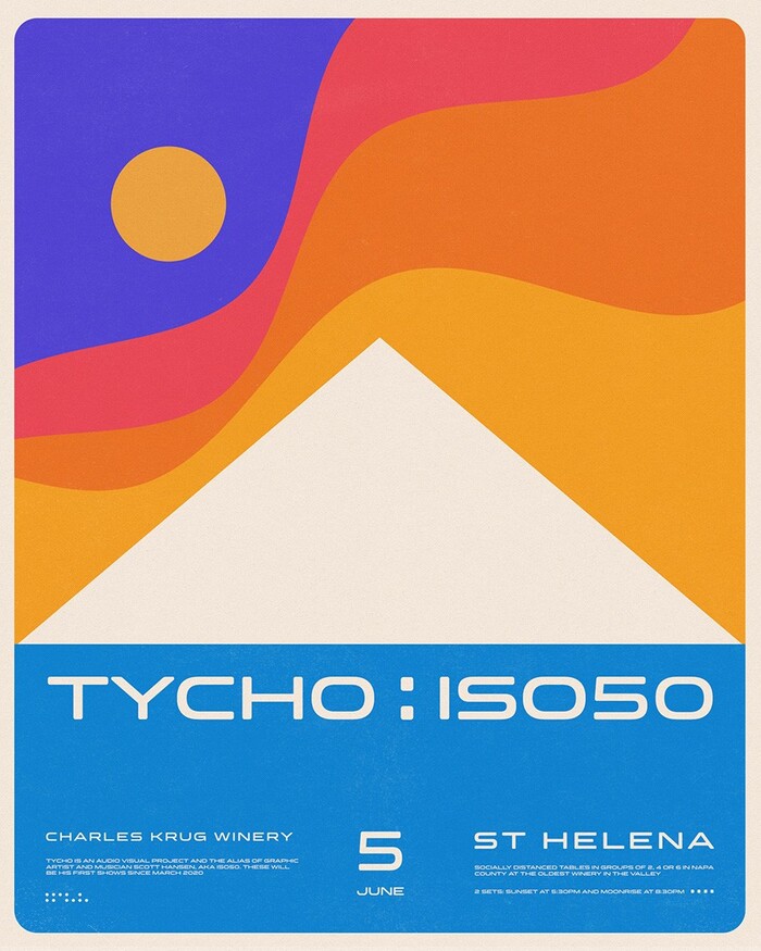 Poster for the shows at Charles Krug in St. Helena (2021), featuring Clonoid Semibold (TYCHO : ISO50) and Clonoid.