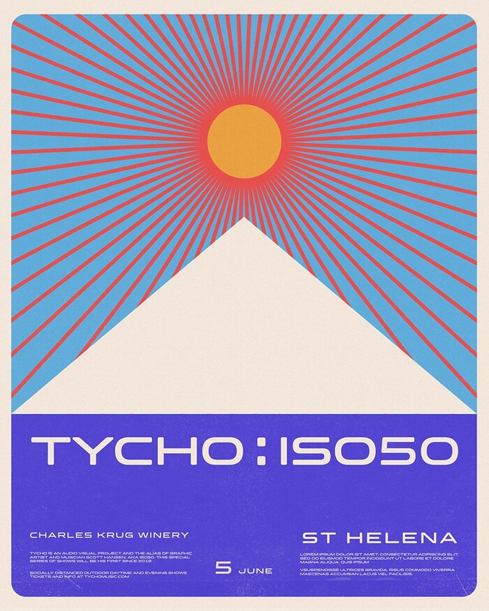 Poster for the shows at Charles Krug in St. Helena (2021), featuring Clonoid Semibold (TYCHO : ISO50) and Clonoid.