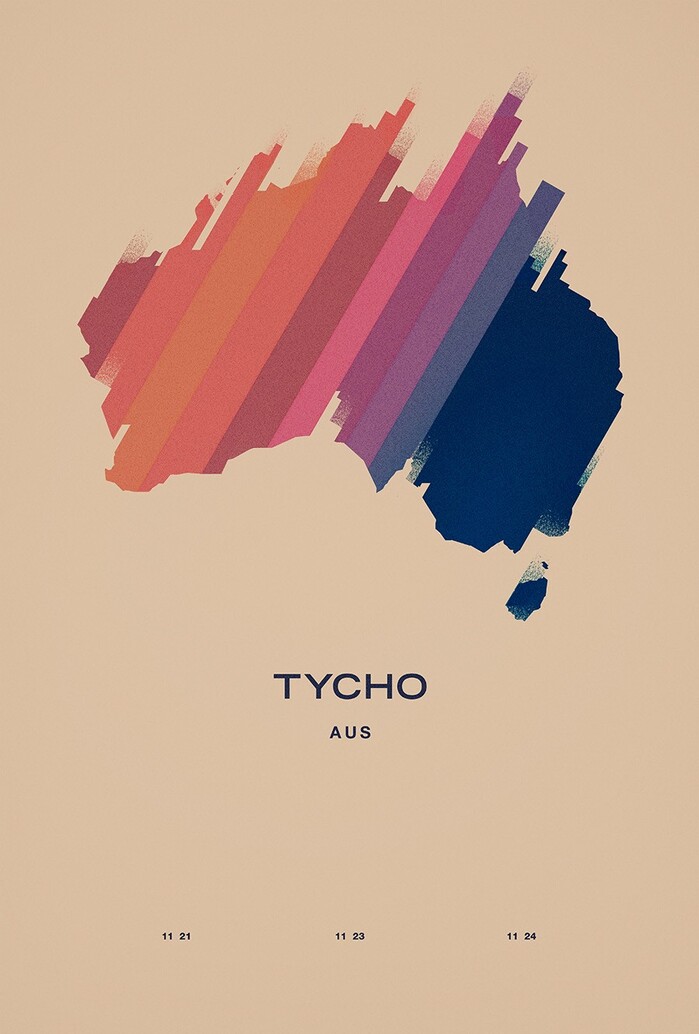 Poster for Tycho’s 2013 Awake tour in Australia, featuring Trade Gothic Bold Extended (TYCHO), Neue Helvetica Bold (AUS), and Neue Helvetica Medium.