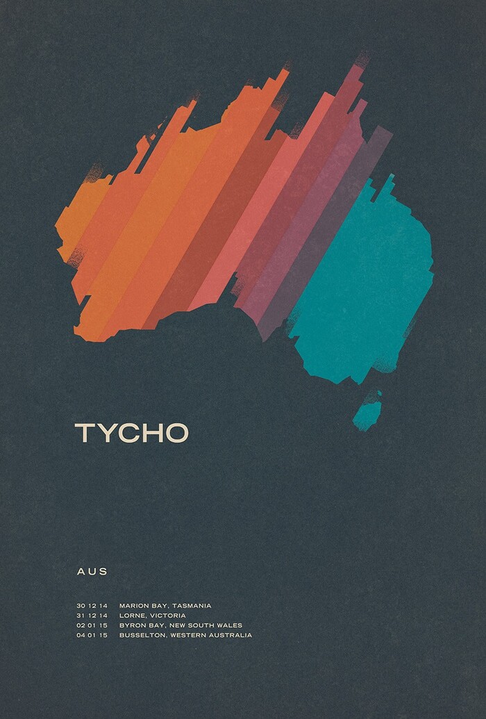 Poster for Tycho’s 2014 Awake tour in Australia, featuring Trade Gothic Bold Extended (TYCHO), and Clonoid Semibold.