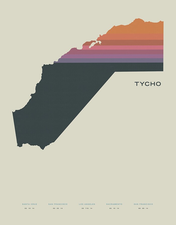 Poster for Tycho’s 2014 Awake tour in California, featuring Trade Gothic Bold Extended (TYCHO), and Neue Helvetica Medium.