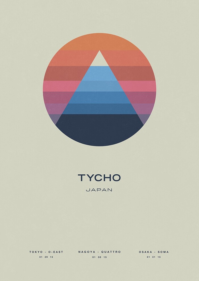 Poster for Tycho’s 2015 Awake tour in Japan, featuring Trade Gothic Bold Extended (TYCHO), Clonoid (JAPAN), and Neue Helvetica Medium.
