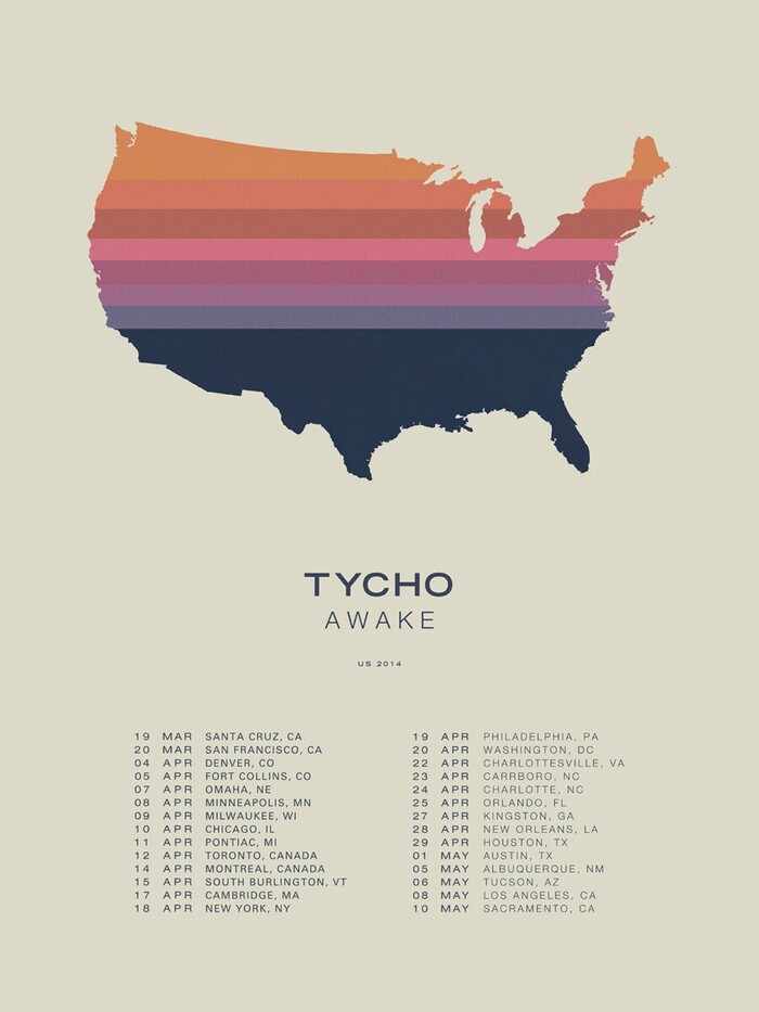 Poster for Tycho’s 2014 Awake tour in the US, featuring Trade Gothic Bold Extended (TYCHO), Neue Helvetica Thin (AWAKE), Trade Gothic Bold Extended (US 2014), and Neue Helvetica Medium and Thin in all-caps.