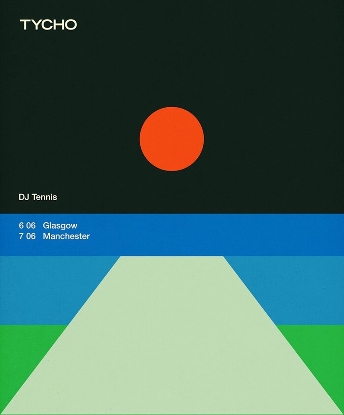 Poster for Tycho’s Glasgow/Manchester shows with DJ Tennis (2017), featuring Trade Gothic Bold Extended (TYCHO), and Neue Helvetica Medium.