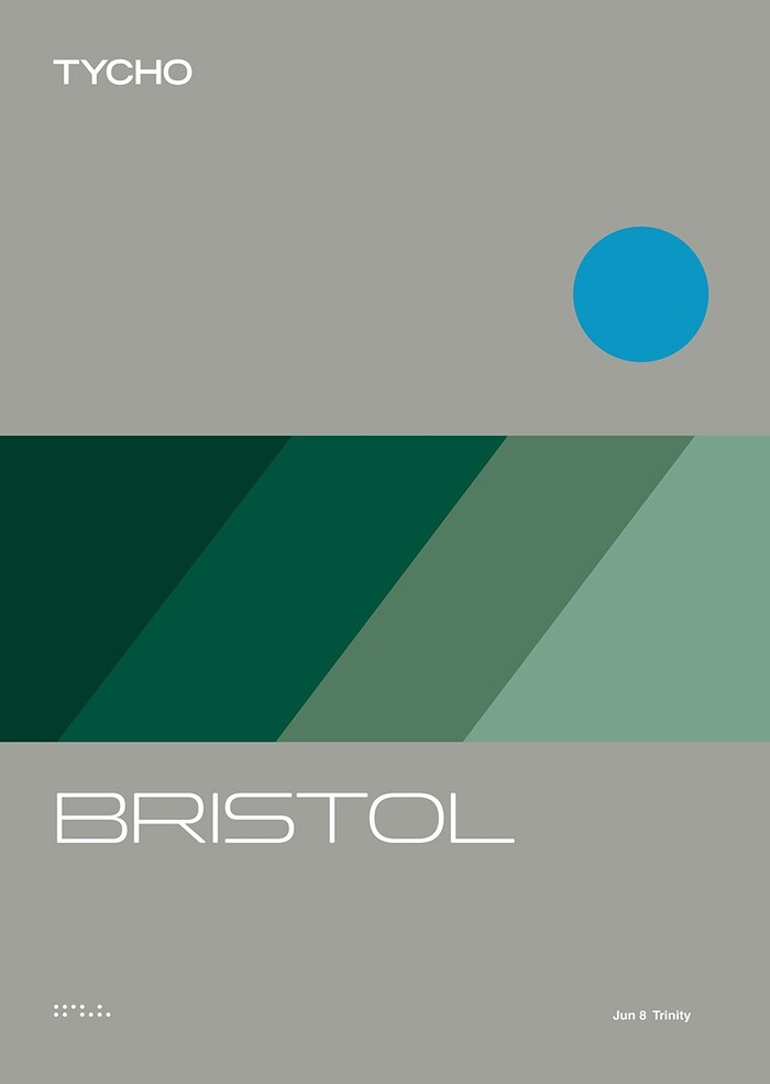 Poster for Tycho’s Trinity Bristol show (2017), featuring Trade Gothic Bold Extended (TYCHO), Clonoid Light (BRISTOL), and Neue Helvetica Medium (Jun 8 Trinity).