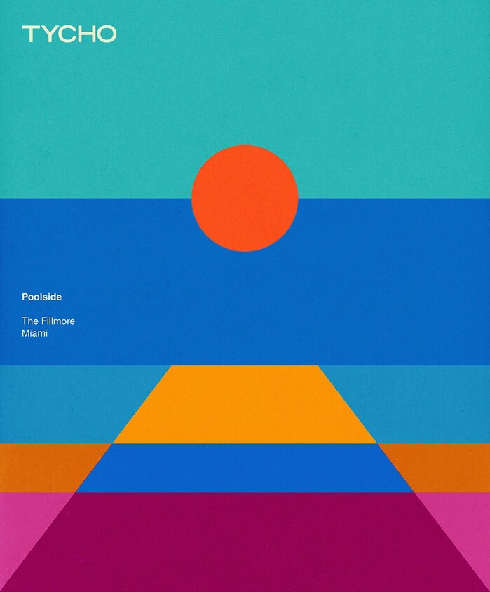 Poster for Tycho’s Fillmore/Miami shows (2018), featuring Trade Gothic Bold Extended (TYCHO), and Neue Helvetica Medium and Regular.