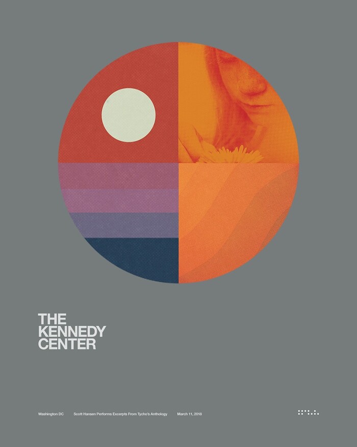 Poster for Tycho’s Kennedy Center show in 2018, featuring Neue Helvetica Bold (THE KENNEDY CENTER), and Neue Helvetica Medium.
