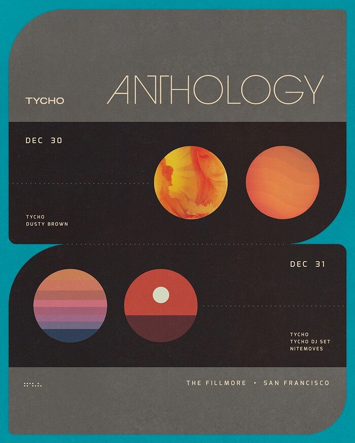 Poster for Tycho’s 2017 anthology shows, where he played songs from each album. The poster features Trade Gothic Bold Extended (TYCHO), ITC Avant Garde Gothic Extra Light (ANTHOLOGY), and an unidentified typeface that looks like a condensed version of Clonoid.