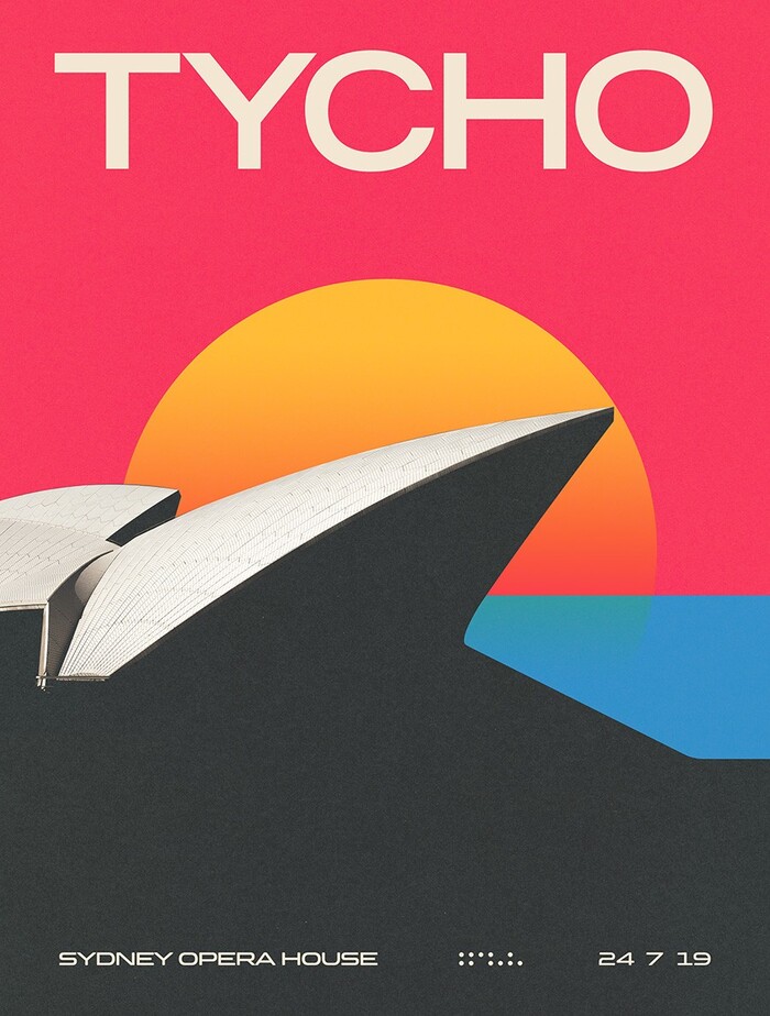 Poster for Tycho’s 2019 show at the Sydney Opera House, featuring Trade Gothic Bold Extended (TYCHO), and Clonoid Semibold.