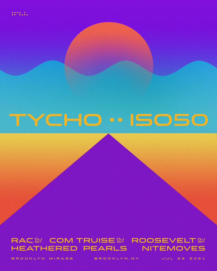 TYCHO : ISO50 event poster, with RAC, Com Truise, Roosevelt, Heathered Pearls, and Nitemoves (June 18, 2021). The poster features Clonoid Semibold.