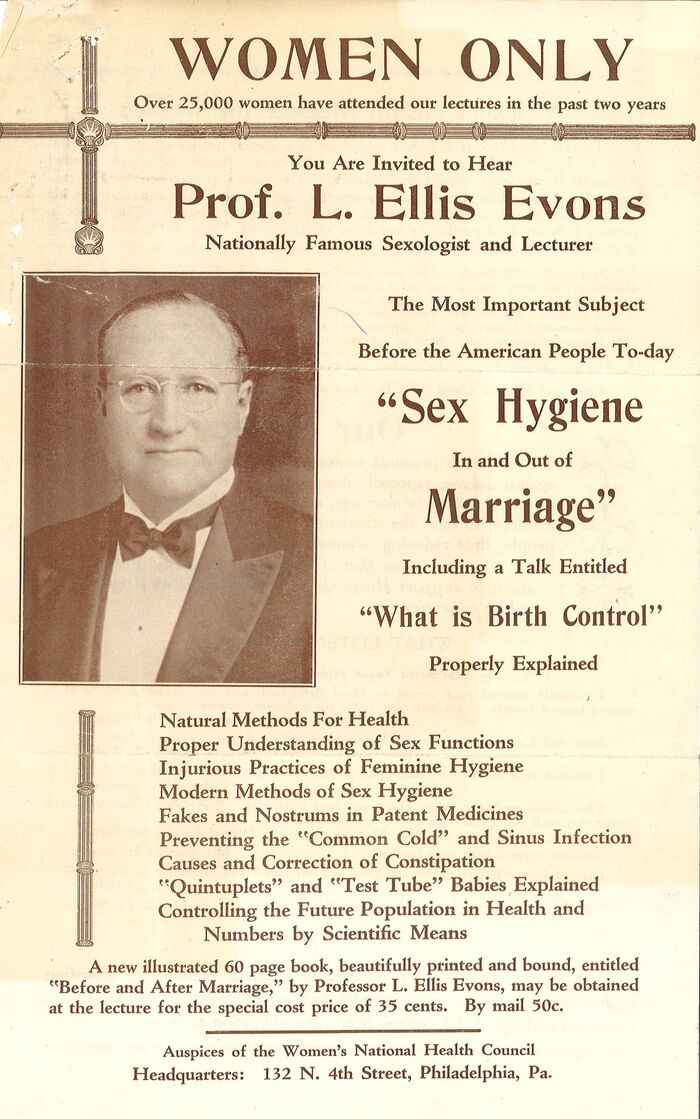 Women’s National Health Council sex talks flyer, from the Historical Health Fraud and Alternative Medicine Collection in the American Medical Association Archives.