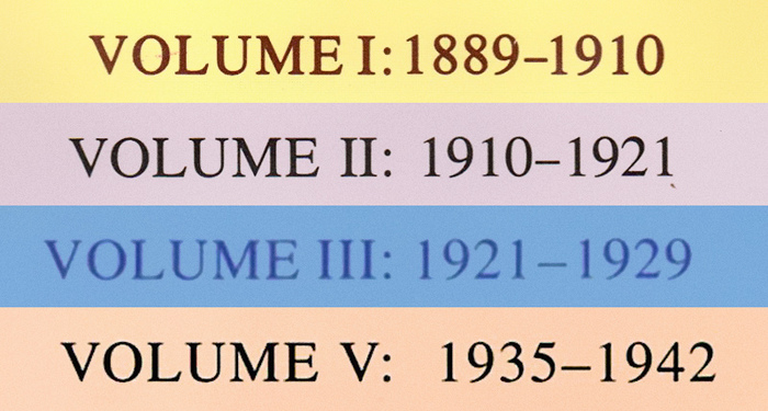 The volume editions and inclusive years (e.g. VOLUME I: 1889–1910) are all set in Times New Roman (1932), by Stanley Morison (1889–1967). But quite curiously, you can see several inconsistencies in the spacing after the colon and around the en dash. In my opinion, they got it right with Volume III; what happened with the other volumes is a minor typographic travesty.