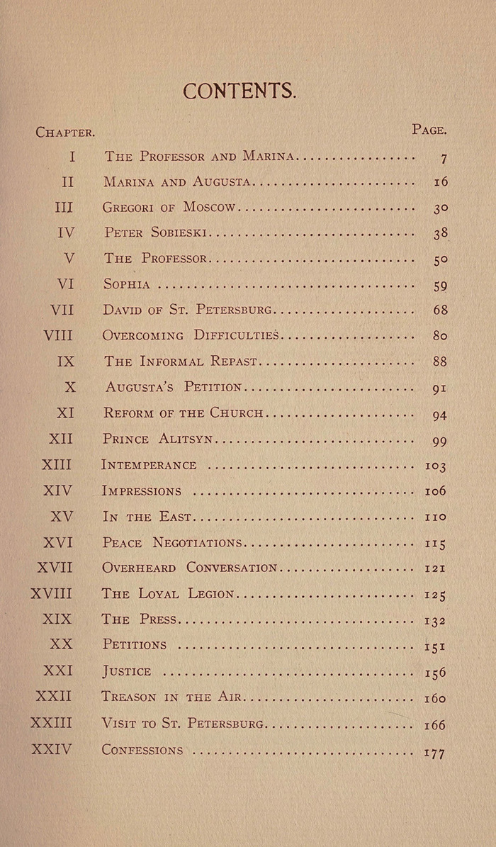 The contents page of The Way of Peace, featuring an unidentified typeface for the heading, and Old Style No. 1 (c. 1860) for the chapter listing.