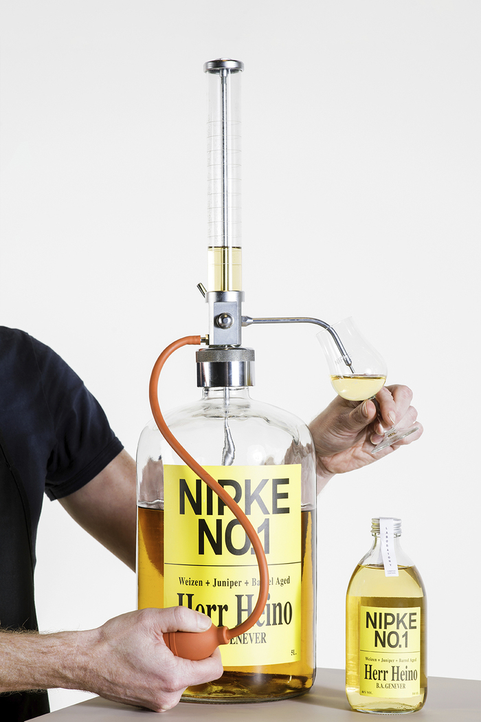 NIPKE No. 1 (Herr Heino) features Nip Sans, Neue Helvetica Medium (Weizen + Juniper + Lagering), Gloucester Extra Condensed (Herr Heino), and  Medium (OLD GENEVER, 42% VOL., 500 ML).