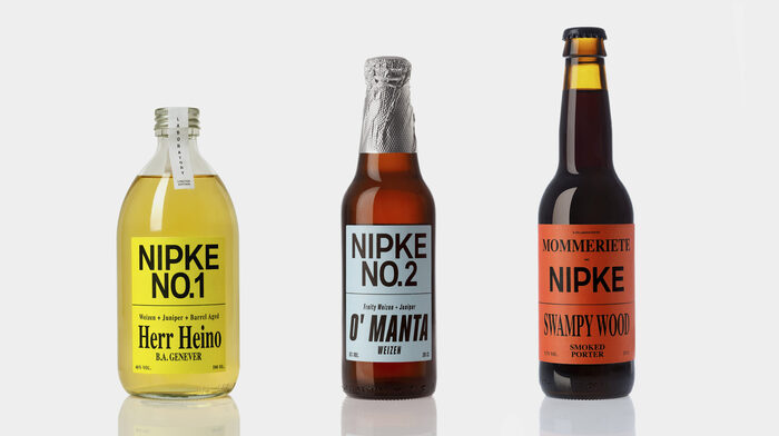 NIPKE No. 2 (O’ Manta) features Nip Sans, and Heroic Condensed Black Oblique (O’ MANTA & the rest of the typography). Mommeriete + NIPKE (Swampy Wood) features Nip Sans, and a horizontally compressed/distorted Times Bold (MOMMERIETE, Swampy Wood, Porter, 5.7% VOL., 33 CL), and an undistorted Times Bold (SMOKED PORTER).