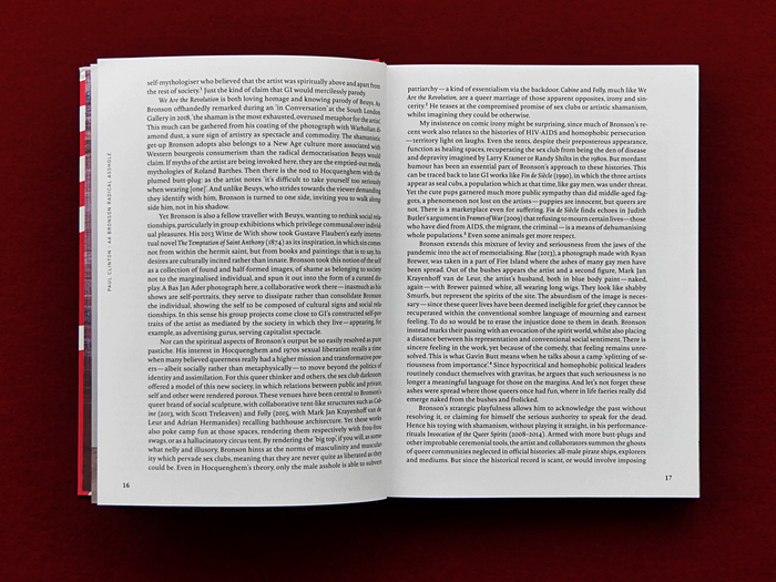 The running title is added on left pages, set in a rotated line of all-caps .