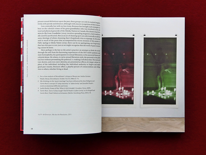 The text is sandwiched by two halves of an exhibition view of We Are the Revolution (2011).