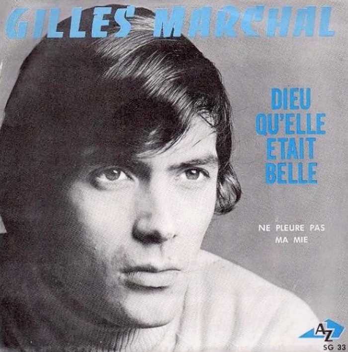 1968: “Dieu Qu'elle Était Belle / Ne Pleure Pas Ma Mie” (single record). Track listing set in an unidentified sas serif, and all caps Futura.