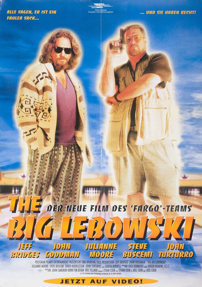 The Dude and Walter with drawn gun at the bowling alley. German video release poster (23 cm × 33 cm, 1999)