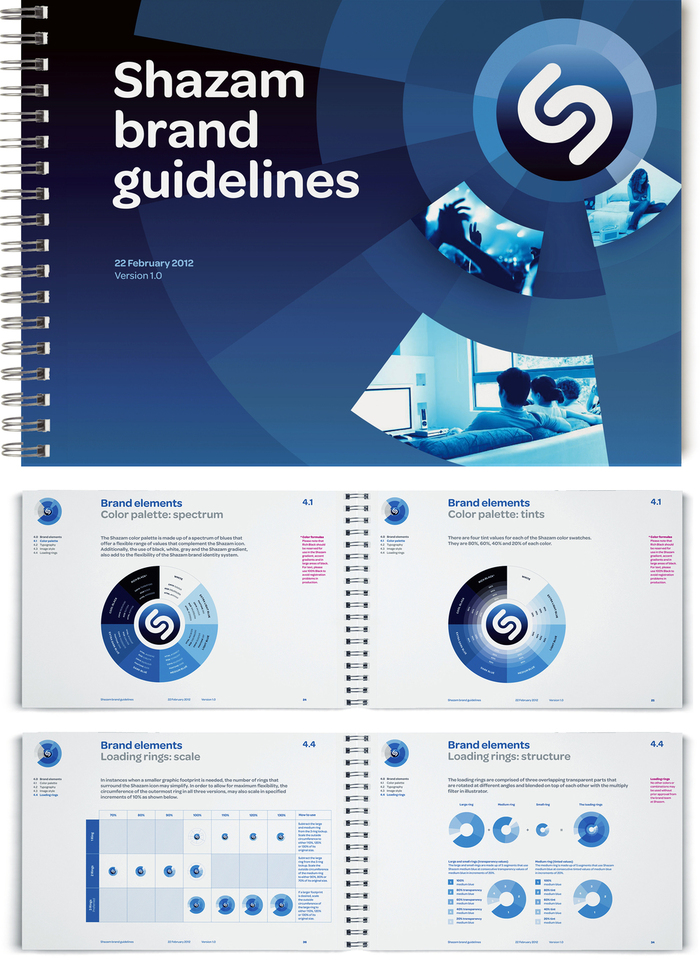 Cover and spreads from the Shazam brand guidelines, v1.0