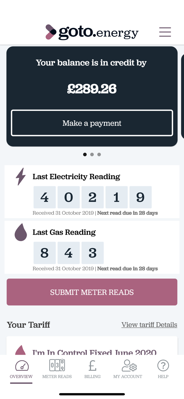 Mobile app: overview with balance, meter reads, and tariff info