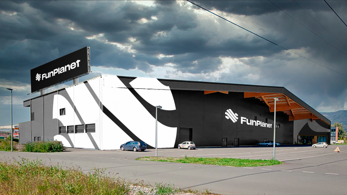 Mockup of the new identity as applied to the façade of a FunPlanet building