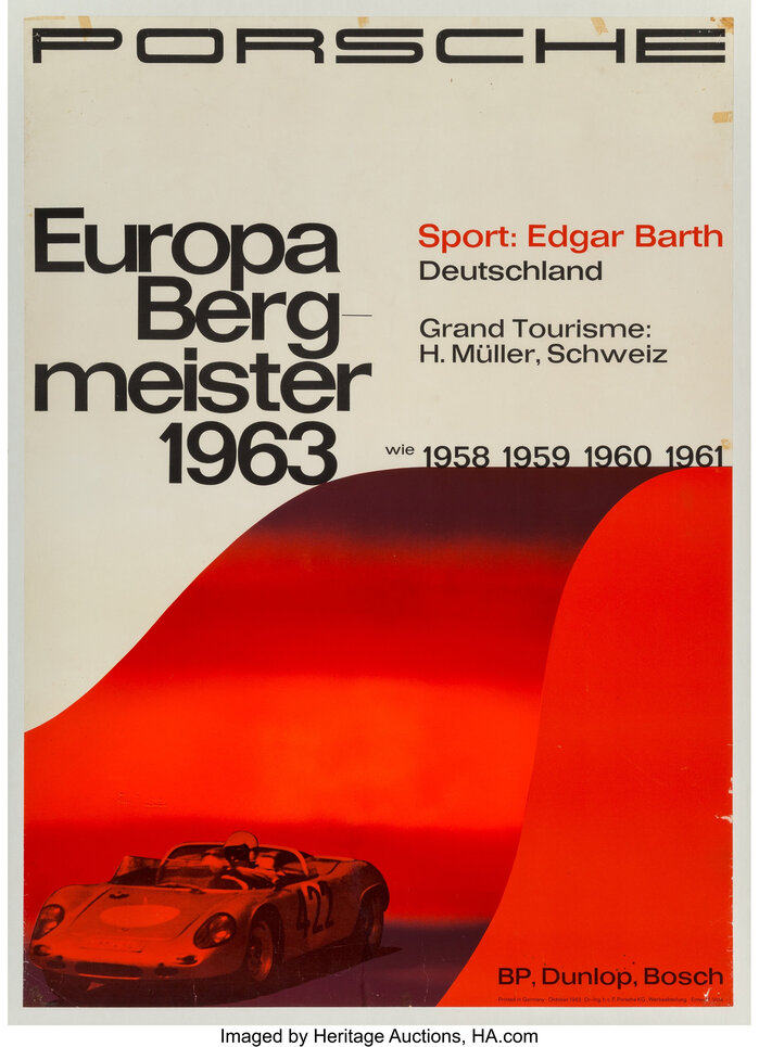 Europa Bergmeister 1963, showing a Porsche 718 Spyder and mentioning Edgar Barth and Herbert M&uuml;ller. Design by Volz (Oct. 1963). Note the custom hairline hyphen, a frequently used device (see also the Europa-Rallye-Meisterschaft 1961 poster) that allowed the designers to show the type very big and still adhere to the German spelling rules, without letting the hyphens clutter the layout.