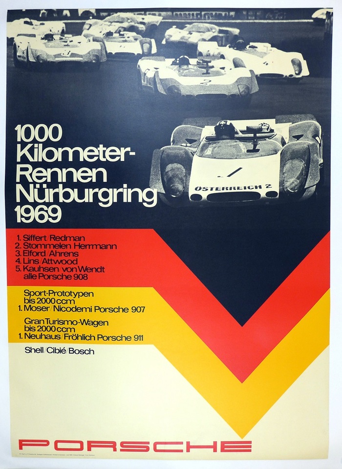1000 Kilometer-Rennen N&uuml;rburgring 1969. Design by Strenger with a photo by Julius Weitmann, featuring the Porsche 907 and 908, and Folio, again with the alternate R (July 1969).