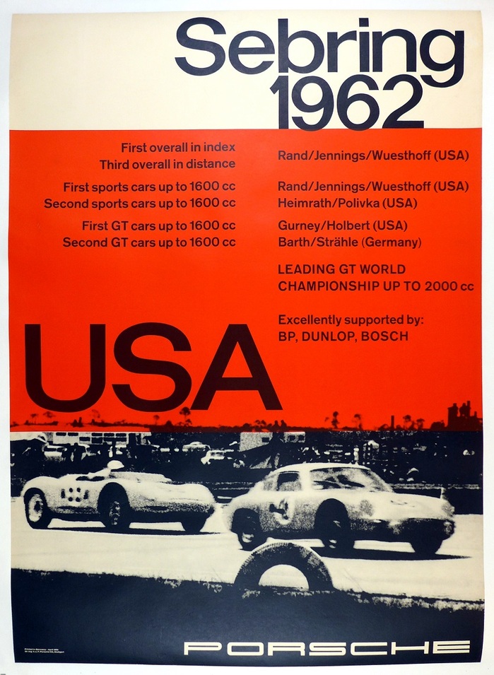 Sebring 1962, featuring the Abarth Carrera, shown leading the Porsche 718 RS-61. The smaller text here is set in .