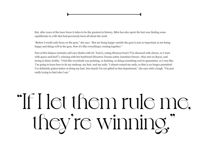Voyage is also used for pull quotes from the story on the Glamour website. The copy is rendered in .