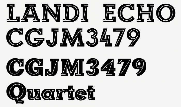 Quartet (bottom) copies the concept of Landi Echo (top), but not the letterforms in all their details. Unlike Butti’s typeface, it has a lowercase. Both designs were digitized by Claude Pelletier, in 2011 and 2012, respectively. His fonts were used for setting this sample.