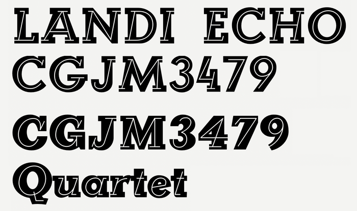 Quartet (bottom) copies the concept of Landi Echo (top), but not the letterforms in all their details. Unlike Butti&rsquo;s typeface, it has a lowercase. Both designs were digitized by Claude Pelletier, in 2011 and 2012, respectively. His fonts were used for setting this sample.