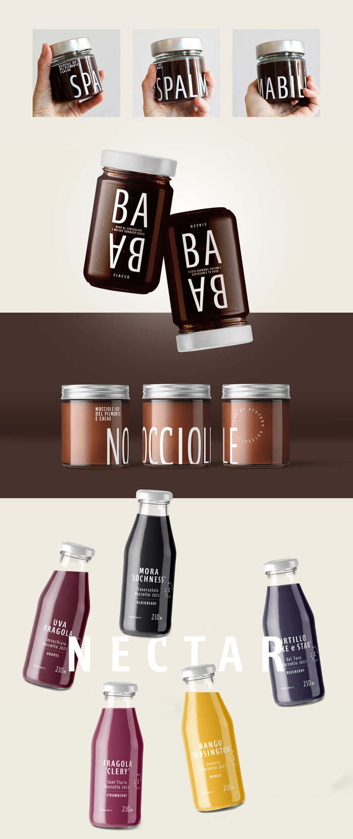 New packaging with high transparency and big lettering, to enhance the product inside. Babà label works upside down as the packaging needs to be turned regularly.