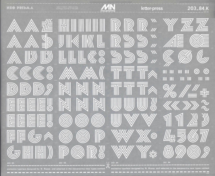 Initially produced as standard black letters only, Neo Prisma was later also offered in a white version. This A3 sheet of dry transfer letters shows the glyph set – including the alternate K – in a size of 84 pt, or 23.5 mm.