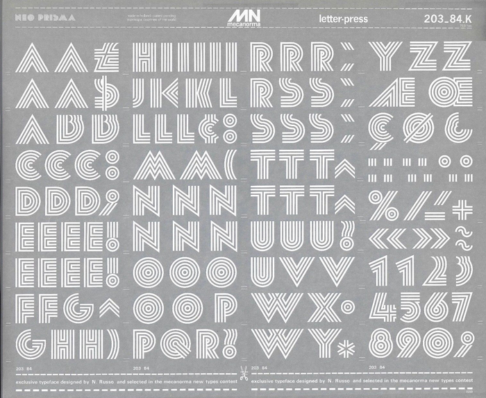 Initially produced as standard black letters only, Neo Prisma was later also offered in a white version. This A3 sheet of dry transfer letters shows the glyph set &ndash; including the alternate K &ndash; in a size of 84&nbsp;pt, or 23.5&nbsp;mm.