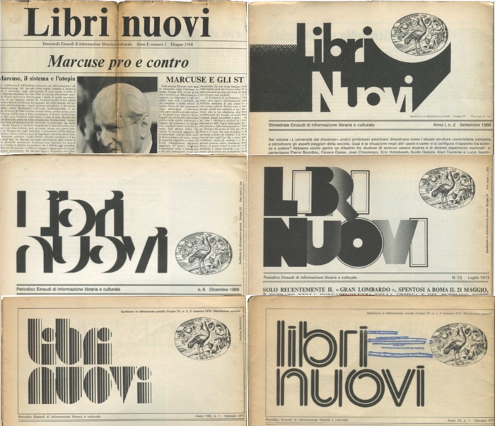 For context: the nameplates of six other issues of Einaudi’s Libri Nuovi. From top left to bottom right: No. 1 (June 1968), 2 (Sep. 1968), 6 (Dec. 1969), 13 (July 1973), 19 (Jan. 1976), 21 (Jan. 1977, feat. ).