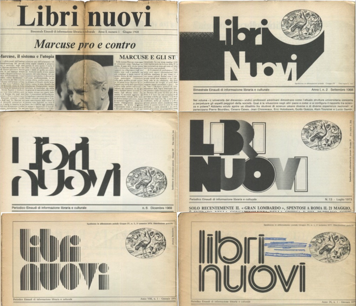 For context: the nameplates of six other issues of Einaudi&rsquo;s Libri Nuovi. From top left to bottom right: No. 1 (June 1968), 2 (Sep. 1968), 6 (Dec. 1969), 13 (July 1973), 19 (Jan. 1976), 21 (Jan. 1977, feat. ).