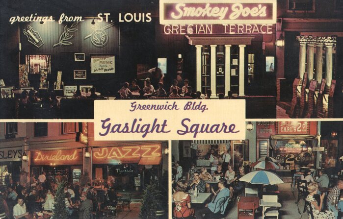 “Greenwich Bldg., Gaslight Square” postcard