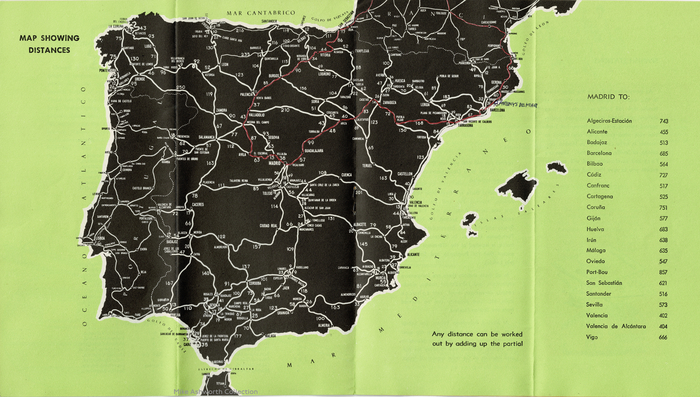 This centre-spread shows the main line railway network in Spain along with distances in Km that allowed, by simple addition, the cost of basic journeys to be calculated on the basis of RENFE’s kilometer charge. In red pen someone has marked out a round trip via El Escorial and Madrid with the destination of Arenys de Mar noted – possibly for a stay?