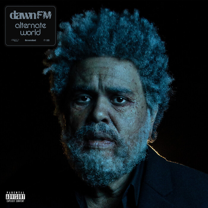 The standard album cover features a dramatically aged and bearded version of The Weeknd, shot by Matilda Finn. The Alternate World edition shown here has a sticker with a simplified variant of the album logo and the appendix set in Cut-In.