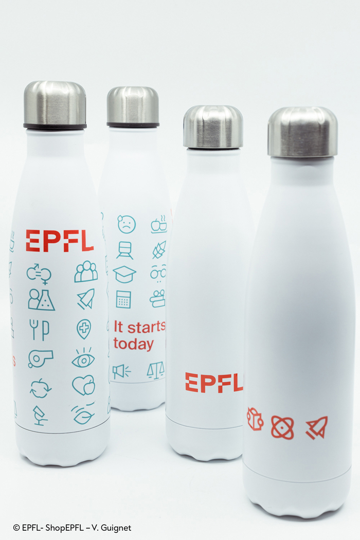 Bottles showing a range of pictograms. EPFL’s slogan “It starts today” is set in .