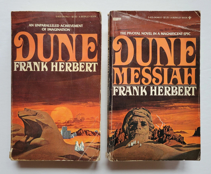 Dune (1965) and Dune Messiah (1969) as published by Berkley Medallion in September 1975. Cover art by .  [More info on ISFDB about Dune and Dune Messiah]