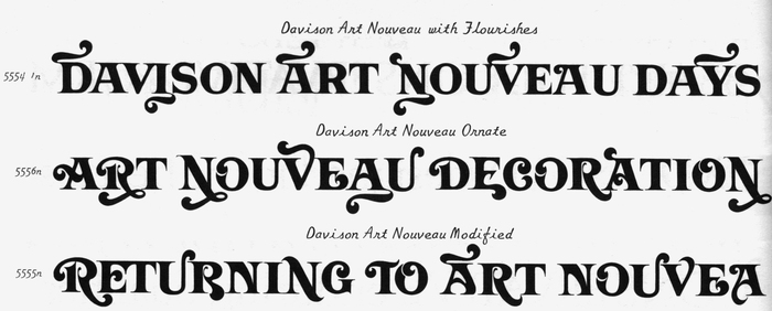 One-line samples for the three variants of Davison Art Nouveau, compiled from a page in PLINC’s Alphabet Yearbook 1967