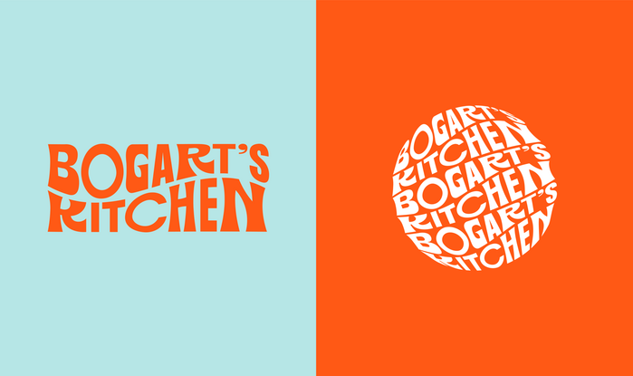 Bogart’s Kitchen logo (left) and logo pattern.