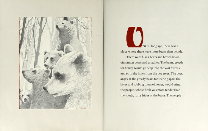 Spread with an enlarged colored initial. The open top in the capital O apparently wasn’t deemed problematic.