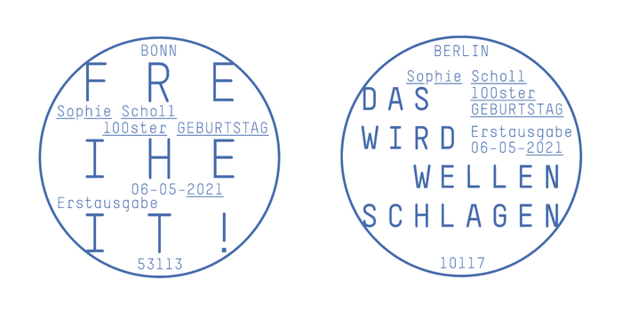First Day of Issue postmarks for Bonn and Berlin. The former features the word Freiheit! (“freedom!”), which Sophie Scholl wrote on the back of the bill of indictment during her trial. The latter reads Das wird Wellen schlagen (“This will make waves”) – words that the student told her parents shortly before her death.