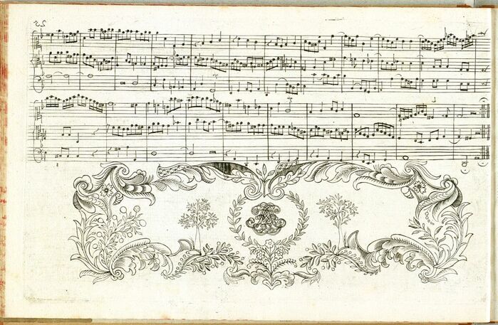 First edition of The Art of Fugue published 1751. Artwork by J.S. Bach shown above can be found on page 30.